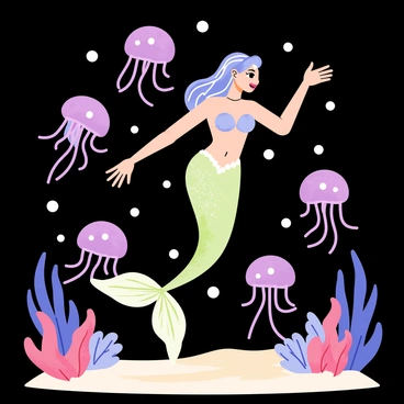 A mermaid with long, flowing hair is gracefully dancing in the dark ocean. She has shimmering scales that reflect shades of blue and green. Around her, several jellyfish are glowing softly, illuminating the water with shades of pink and purple. The jellyfish have long, flowing tentacles that drift gently with the ocean currents. The ocean floor is visible with soft sand and occasional corals in subdued colors. Bubbles rise around the mermaid as she twirls, creating a dynamic sense of movement in the tranquil underwater scene.