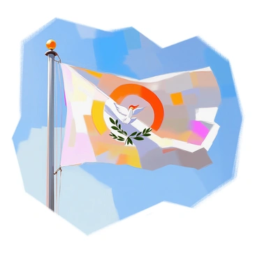 A large banner is prominently displayed, dynamically waving in the wind. The fabric of the banner flutters gracefully, showcasing vibrant colors that catch the light. It is adorned with intricate symbols representing sacrifice, such as a dove, a flame, and intertwined olive branches. The background reveals a clear blue sky, allowing the banner to stand out as a symbol of hope and resilience.