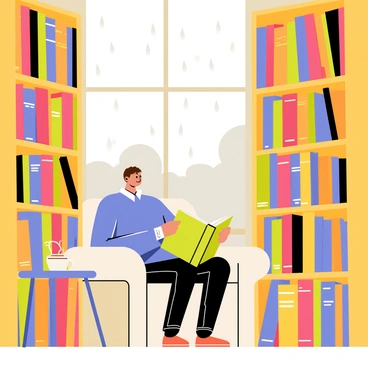 A cozy library featuring tall wooden bookshelves filled with colorful books. A large window with raindrops running down its glass showcases a gloomy afternoon sky. A person with short brown hair wearing a blue sweater is seated comfortably in a plush armchair, engrossed in a thick book. A steaming cup of tea is placed on a small wooden side table next to the armchair. Soft light filters through the window, illuminating the pages of the book and creating a warm atmosphere in the room.