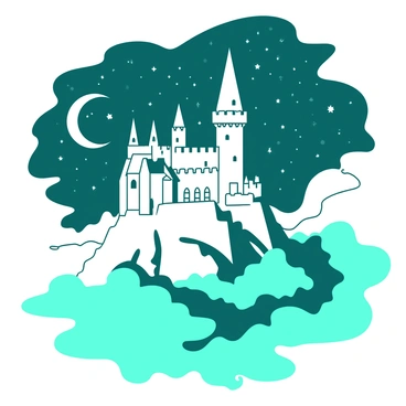 A white majestic castle stands tall on a mountain peak, showcasing tall towers and intricate stonework. The castle is partially obscured by swirling teal mist that envelops its base. Above the castle, a night sky filled with countless stars twinkles brightly. The moon casts a soft glow on the castle, illuminating its walls and creating a mystical atmosphere.