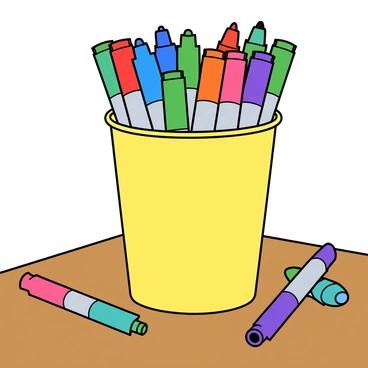 A bright yellow cup filled with a colorful assortment of illustration markers and alcohol markers. The markers are arranged upright, showcasing their vibrant caps in shades of red, blue, green, and purple. Some markers have fine tips while others have broader tips, creating a diverse collection. The cup is placed on a wooden table, and a few markers are scattered around it, adding to the playful arrangement. The scene is well-lit, highlighting the vivid colors of the markers.