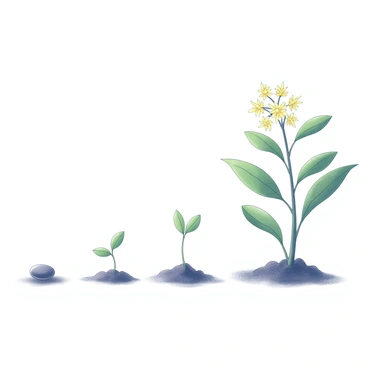 An illustration depicting the growth stages of a mustard seed into a plant. The first stage shows a small mustard seed resting on the ground. The second stage features the seed sprouting with a tiny green shoot emerging from the soil. The third stage displays a young plant with two leaves, growing upward. The final stage presents a fully developed mustard plant, characterized by broad green leaves and small yellow flowers blooming at the top. Each stage is arranged chronologically from left to right, clearly highlighting the transformation of the mustard seed into a mature plant.