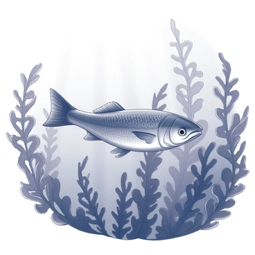 A mackerel swimming in an underwater environment. The fish is streamlined and exhibiting a fluid motion. It is surrounded by a dense forest of kelp, with long, flowing strands swaying gently in the water. Sunlight filters through the surface, creating patterns of light and shadow on the fish and the kelp. The underwater scene is rich with detail, showcasing the intricate textures of the kelp leaves and the scales of the mackerel.