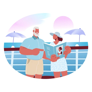 An elderly couple is standing on a cruise ship deck, overlooking the expansive ocean. The man is wearing a light blue button-up shirt and beige shorts, while the woman is dressed in a floral sundress with a wide-brimmed sun hat. Both are holding a "pension brochure" open between them, pointing to different sections with interest. The deck features elegant wooden railings, and bright umbrellas are providing shade in the background. The sky is filled with gradient pastel colors, transitioning from soft pink to gentle lavender as the sun sets on the horizon.