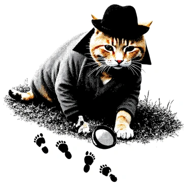 A large orange cat with distinctive black stripes is dressed as a detective, wearing a classic trench coat and a fedora hat. The cat is kneeling down, intently examining a magnifying glass held in its paw. In front of the cat are several mysterious footprints pressed into the ground, leading away into the distance. The expression on the cat's face is one of concentration, with its eyes wide open as it scrutinizes the footprints. The surrounding environment features grass and scattered leaves, adding to the detective scene.