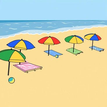 A sandy beach with a wide expanse of soft, golden sand. The shoreline is dotted with a colorful array of beach umbrellas, each with a unique pattern and vibrant colors, including blue, red, yellow, and green. Some umbrellas are fully opened, providing shade, while others are slightly tilted. In the background, gentle waves can be seen lapping at the shore. A few beach towels are spread out on the sand beneath the umbrellas, and a couple of beach balls are scattered nearby. The sky above is clear and sunny, enhancing the cheerful atmosphere of the scene.