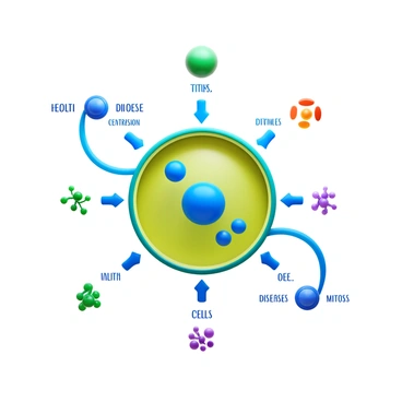 An informative illustration showing "centrioles" in a detailed biological diagram. The centrioles are depicted in a cross-sectional view, showcasing their structure and arrangement in a cell. Surrounding the centrioles are labeled arrows indicating their role in "cell division" and "mitosis". Include additional visual elements representing "health" and "disease research", such as icons of healthy cells and diseased cells at the sides. The overall layout is clear and educational, allowing viewers to easily understand the function of centrioles in cell biology.