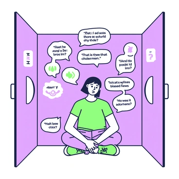A person is sitting in the center of a soundproof room. The walls are lined with thick, sound-absorbing panels. The individual has a concerned expression, with their hands on their knees. Surrounding them, numerous floating speech bubbles contain quotes and phrases that represent biased news, echoing in the space. The bubbles vary in size and are scattered throughout the room, creating a chaotic feeling. The lighting in the room is dim, emphasizing the isolation of the person and enhancing the sense of disconnection.