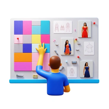 A designer is assembling a mood board for a new fashion line. The board features an array of fabric swatches in various textures and patterns. Bright colors and soft pastels are represented among the materials. The designer is pinning images of models showcasing different styles on the board. Accessories like shoes and bags are placed alongside the fabric swatches. There are sketches of unique clothing designs scattered throughout the board, and the designer is intently focused, holding a pin in one hand while arranging the elements with the other.