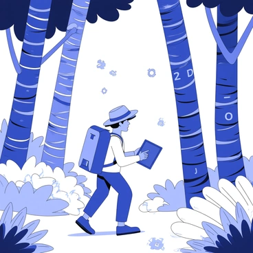 An explorer is navigating through a dense jungle composed of ones and zeroes, symbolizing DNS data. The explorer is wearing a sturdy backpack and a wide-brimmed hat, carrying a digital tablet in one hand. Towering trees made of binary code stretch upwards, their trunks formed by twisting strings of zeros and ones. The ground is littered with fallen leaves that resemble small numerical characters, blending with the undergrowth. In the background, there are glowing light nodes that represent data packets moving through the jungle. The atmosphere is filled with a sense of discovery and exploration.