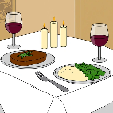 A cozy dinner table set for two, adorned with a crisp white tablecloth. On the table, there are two elegant wine glasses filled with deep red wine, reflecting the flicker of soft candlelight. The centerpiece features a cluster of three lit candles, casting a warm glow across the setting. Plates hold a delicious meal, consisting of a perfectly cooked steak garnished with fresh herbs, alongside vibrant green vegetables and a creamy mashed potato mound. The background includes a decorative wall, subtly enhancing the intimate atmosphere of the scene.
