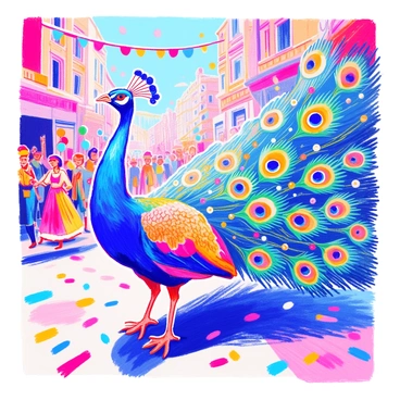 A peacock stands proudly with its feathers fully fanned out, showcasing a vibrant array of colors. The feathers are adorned with various carnival decorations, such as shimmering sequins and colorful ribbons. Twinkling lights are woven throughout the plumage, adding a festive glow. The scene is alive with excitement, as other parade participants, dressed in bright costumes, move in the background. Brightly colored banners and balloons float above, enhancing the celebratory atmosphere. The ground is decorated with confetti and streamers, creating a lively parade setting filled with joy.