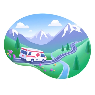 A medical transport van is driving along a narrow mountain road. The van is white with a red cross symbol on its side. Majestic mountains rise on both sides of the road, their peaks capped with snow. Lush green trees line the edges of the road, and colorful wildflowers bloom in patches along the hillside. The sky is a bright blue with fluffy white clouds scattered across it. In the distance, a winding river can be seen flowing through the valley below, adding to the scenic views.