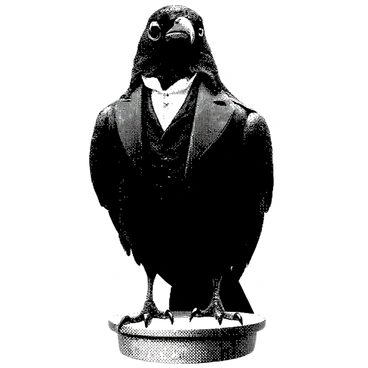 A crow is standing upright on a wooden pedestal. It is dressed in Victorian-era clothing, featuring a tailored black coat with intricate details and a white cravat around its neck. The crow has a monocle placed over one eye, giving it a distinguished appearance. Its glossy feathers are clearly defined, showcasing the textures. The background is minimal, allowing the focus to remain on the crow and its attire.