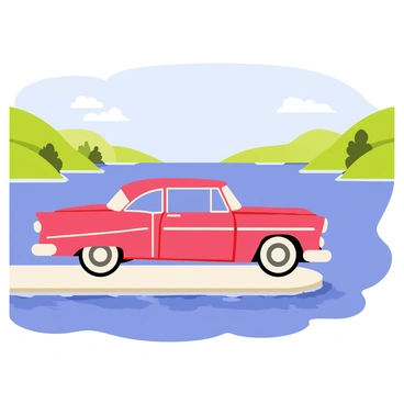 A bright red 1950s car is parked on the deck of a large ferry. The car's shiny chrome details glimmer in the sunlight. The ferry is positioned in the middle of a wide river, with gentle waves lapping against the sides. On either side of the river, there are green rolling hills dotted with trees under a clear blue sky. In the distance, a few fluffy white clouds lazily drift across the horizon, adding to the tranquil atmosphere of the scenic views.