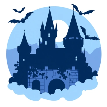 A dark castle towers against the night sky, with sharp, pointed turrets and grim stone walls. Bats with outstretched wings are circling overhead, silhouetted against the moonlight. Lush, overgrown vines are climbing the castle walls, adding to the eerie atmosphere. In the foreground, a mist is swirling gently, partially obscuring the castle's imposing entrance. The scene evokes a sense of mystery and foreboding, perfect for a vampire book cover.