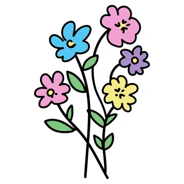 A bouquet of flowers, featuring a variety of shapes and sizes. The flowers are in multiple colors, including red, blue, yellow, and purple. Each flower has a distinct design, showcasing different petal arrangements and textures. The composition is visually balanced, with some flowers standing tall and others in a more compact form. The stems are green with visible leaves, all neatly gathered together.