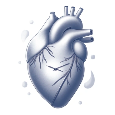 A human heart depicted as a clock. The heart's chambers and arteries are intricately designed to resemble the clock's structure, complete with visible valves and textures. The clock hands are moving, with one hand indicating the hour and the other the minute, seamlessly integrated into the heart's anatomy. The background features faint, abstract shapes that suggest the passage of time, enhancing the theme of timekeeping through the heart's rhythmic movement.