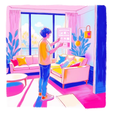 A person stands in a modern living room, adjusting home settings using a holographic interface. The individual has short hair and is wearing a casual outfit consisting of a t-shirt and jeans. Their hand is extended towards a glowing, floating display that shows various icons for lighting, temperature, and security. The living room is furnished with a sleek sofa and a coffee table, and large windows allow natural light to fill the space. A few potted plants are placed around the room, enhancing the cozy atmosphere.