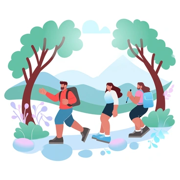 A group of four friends is hiking on a nature trail. The friends are wearing colorful hiking gear, with one person in a bright red jacket and another in a blue backpack. They are surrounded by tall trees with lush green leaves, creating a natural canopy above them. The trail is lined with smooth rocks and patches of wildflowers. Sunlight filters through the branches, casting a soft glow on the scene. In the background, a distant mountain peak is partially visible above the treetops.