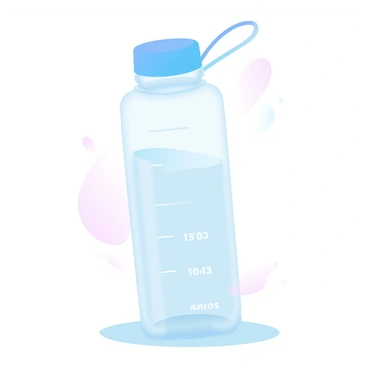 A transparent water bottle sits on a smooth surface. The bottle features time markers along its side, clearly indicating specific times of the day to encourage hydration. The water inside the bottle is clear and reflects light, creating subtle highlights. The background includes soft gradient pastel colors, enhancing the focus on the water bottle. The cap of the bottle is securely attached, and a small loop attached to the cap adds to its functionality.