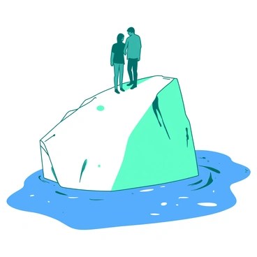 Two teal figures are standing on top of a large white iceberg, which juts out prominently above the water's surface. The iceberg's rugged edges contrast against the calm, blue ocean surrounding it. Only the tips of the iceberg are visible above the water, creating a stark visual against the deep blue of the sea. The figures are silhouetted against the sky, their postures indicating they are engaged in conversation. The water reflects the soft light, adding a serene touch to the scene.