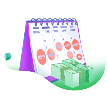 A modern pastel illustration featuring a calendar opened to a specific month. The calendar has clearly marked repayment dates in bold, red circles. Beside the calendar, there are several small stacks of cash arranged neatly, with some bills visible. The overall composition gives a sense of organization and financial planning.