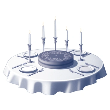 A round chocolate torte positioned at the center of a dining table. The surface of the torte is smooth and embellished with intricate designs. Surrounding the torte are several lit candles of varying heights, casting flickering shadows. The table is set with elegant tableware, including fine china plates and polished silver cutlery, arranged neatly beside each place setting. The tablecloth drapes gracefully, adding a touch of refinement to the overall arrangement.