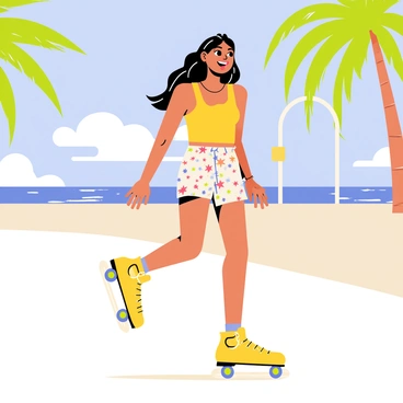 A woman wearing a bright yellow tank top and colorful patterned shorts is roller skating down a sunny boardwalk. Her outfit features splashes of red, blue, and green, creating a lively appearance. She has long flowing hair, which shines in the sunlight as she glides effortlessly. The boardwalk is lined with palm trees, and the ocean is visible in the background, sparkling under the bright blue sky. The woman has a big smile on her face, radiating joy and excitement as she enjoys her day.