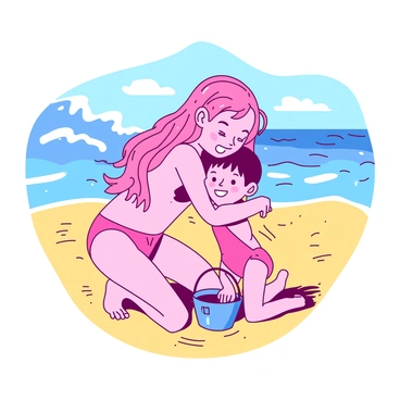 A pink-skinned girl with long, flowing hair is hugging her younger brother on a yellow sandy beach. The brother, with short hair and a big smile, is wearing a bright swimsuit. In the background, gentle blue waves are crashing on the shore under a clear sky. The sunlight reflects off the water, creating a bright atmosphere. The girl is kneeling slightly to embrace her brother, who is playfully holding a small blue bucket in his hand.