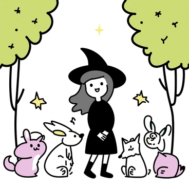 A small witch with a pointed hat and a black dress stands in the center of a lush green forest. She has long, flowing hair and is smiling warmly. Surrounding her are various friendly forest creatures, such as a fluffy bunny, a curious fox, and a bright-eyed owl. Each creature is looking up at her with joyful expressions, creating a harmonious scene filled with warmth and friendship. The sunlight filters through the trees, casting gentle light on the group.