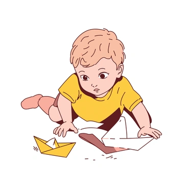 A young child with wide eyes is kneeling on the ground, captivated by a shiny, golden toy that glimmers under the soft light. The golden toy is positioned just in front of the child, reflecting light and drawing their full attention. Nearby, there is a simple handmade paper boat, crafted from white paper, resting on the ground. The child’s gaze occasionally shifts to the paper boat, showcasing the contrast between the allure of the golden toy and the charm of the handmade creation. The scene captures the innocence of childhood, highlighting the juxtaposition of materialism and simple joys.