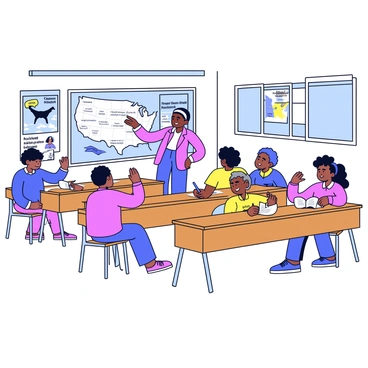 A classroom setting with wooden desks arranged in neat rows. At the front of the room is a teacher standing beside a chalkboard. The teacher is holding a piece of chalk and pointing to a map that illustrates key locations related to Juneteenth. The classroom is decorated with educational posters on the walls, featuring historical facts and images. There are students sitting at their desks, some raising their hands to ask questions, while others are taking notes in notebooks. A window lets in natural light, illuminating the scene.