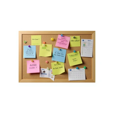 A community bulletin board made of cork material, mounted on a wooden frame. It is filled with colorful post-it notes in various shapes and sizes, featuring handwritten messages in different ink colors. Some of the post-it notes have survey questions written on them, with clear and bold text. There are additional elements like small flyers advertising local events, a calendar with marked dates, and pins holding everything in place. The background is cluttered but organized, showing a vibrant and engaging community space.