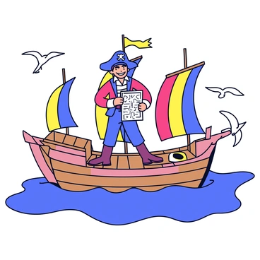 A brave pirate with a tricorn hat and a confident stance stands on the deck of a colorful ship. The ship is adorned with bright sails in shades of blue, red, and yellow, fluttering in the wind. The pirate holds a rolled treasure map in one hand, with intricate markings visible on the parchment. The sea is a vibrant blue with gentle waves, and a few seagulls can be seen flying in the sky. The ship's wooden deck has barrels and a shimmering compass lying nearby.