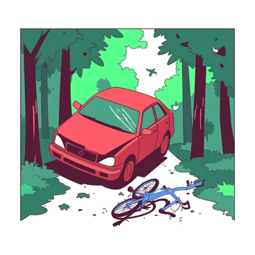 A red car is overturned on a narrow forest path, partially hidden among the tall, green trees that line the sides of the path. The front of the vehicle is crumpled, and shards of glass are scattered around. Nearby, a blue bicycle lies on the ground, suggesting a collision. The forest floor is covered in fallen leaves, and sunlight filters through the branches above, casting dappled shadows on the scene. A few birds are perched on the tree branches, while a distant sound of rustling leaves can be heard.