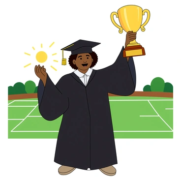A graduate in a cap and gown holding a sports trophy on a field