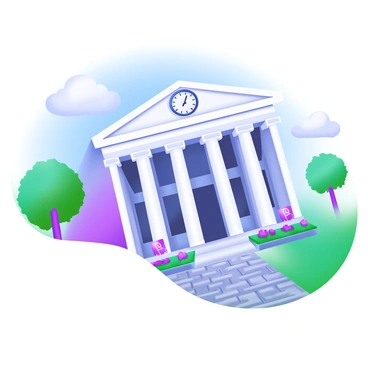 A grand, old-fashioned bank building with tall, white columns. The building features a large clock mounted prominently on the front façade, displaying the time in bold numerals. Surrounding the structure are lush green trees and neatly arranged flower beds. A cobblestone pathway leads up to the entrance, inviting visitors. The sky above is clear blue, with a few soft, fluffy clouds.