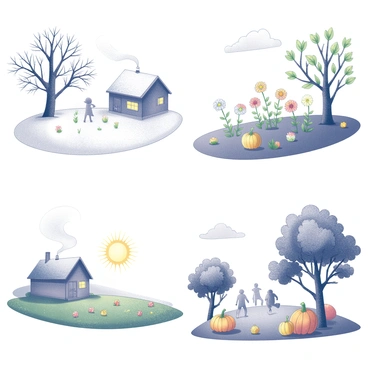 A four-part illustration depicting seasonal changes. The first panel shows a snowy winter scene, with bare trees covered in snowflakes and a small cabin with smoke curling from its chimney. The second panel transitions to spring, featuring budding flowers emerging from the ground, green leaves on the trees, and a clear blue sky. The third panel represents summer, showcasing a vibrant landscape with a sun shining bright, a lush green field filled with colorful wildflowers, and people enjoying outdoor activities. The final panel captures autumn, displaying trees with their leaves turning yellow and orange, a carpet of fallen leaves on the ground, and a harvest scene with pumpkins and gourds.