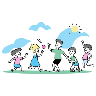 A group of four children, two boys and two girls, are playing around the base of the "Angel of the North." One boy with short brown hair is tossing a red ball to a girl with long blonde hair, who is wearing a blue dress. The second boy, wearing a green t-shirt and shorts, is crouching down, while the other girl, with curly hair and a pink shirt, is jumping in the air. The sky is clear and blue, with the sun shining brightly, casting shadows on the grass where they are playing.