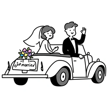 A newlywed couple, dressed in formal wedding attire, is sitting in the backseat of a vintage convertible car. The groom is wearing a black tuxedo and the bride is in a white wedding dress with a veil. They are both smiling and waving enthusiastically. A 'Just Married' sign is attached to the back of the car, adorned with colorful flowers. The car has a shiny chrome finish and classic wheels, parked on a sunny day.