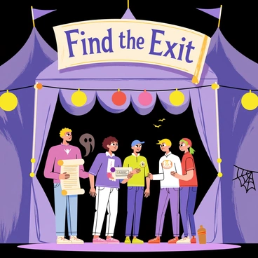 A group of visitors at a haunted carnival is gathered in front of a mysterious, dilapidated tent. They are engaged in solving riddles, with one person holding a scroll with "Riddle" written on it. Colorful carnival lights flicker above, casting eerie shadows. In the background, ghostly figures can be seen peeking out from behind the tents. A large, crooked sign hangs overhead, reading "Find the Exit" in bold letters. The atmosphere is filled with a mix of excitement and suspense as the visitors work together, surrounded by spooky decorations and cobwebs.