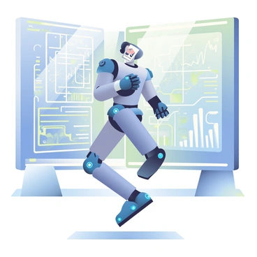 A sleek, metallic robot with illuminated blue accents is doing jumping jacks in a high-tech environment. The robot's joints are articulated, allowing for fluid movement as it performs the exercise. The background features large, glowing screens displaying digital data and intricate geometric patterns. Surrounding the robot are metallic panels and glowing lines that suggest advanced technology. The floor is smooth and reflective, capturing the robot's movements and enhancing the futuristic atmosphere.