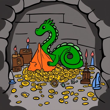 The interior of a dragon's cave features rough stone walls illuminated by the warm glow of flickering torches. The ground is covered in a thick layer of glimmering gold coins, piled high in various places. Ancient artifacts, including ornate swords, intricate jewelry, and mysterious amulets, are scattered among the treasure. In one corner, a large, imposing dragon is coiled protectively around a particularly large mound of gold, its scales shimmering in shades of emerald and sapphire. The air is filled with a sense of timelessness, as shadows dance along the cave's walls, hinting at adventures of the past.