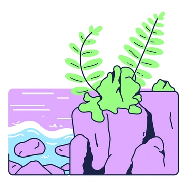 A rocky cliff juts out into the ocean, with several ferns growing on its edge, their fronds extending outward. The ferns vary in size, with some small and others tall, creating a layered effect. The ocean is visible in the background, with gentle waves lapping against the rocks below. The horizon shows a clear sky, adding depth to the scene. The sunlight casts shadows that accentuate the textures of the rocks and the delicate leaves of the ferns.