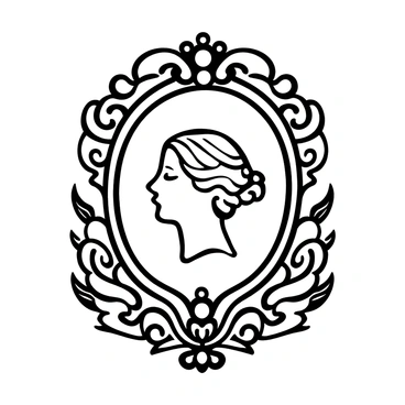 A classical cameo brooch displayed prominently, showcasing an intricate profile of a face carved in relief. The brooch is framed with ornate detailing, enhancing its elegance. Surrounding the brooch are decorative floral motifs and delicate scrollwork, adding to its vintage appeal. The background is plain, emphasizing the craftsmanship of the brooch.