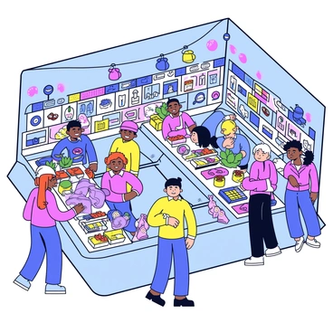 A bustling underground marketplace filled with a variety of vendors. The scene features colorful lights illuminating the space, casting vibrant shadows. Each vendor has a unique stall, showcasing an assortment of goods such as fresh produce, handcrafted items, and futuristic gadgets. People of different ethnicities and styles are shopping and interacting, creating a lively atmosphere. The walls of the underground space are adorned with murals depicting scenes of the future city above.
