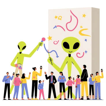 An extraterrestrial with green skin and large, expressive eyes is painting a vibrant mural on a tall, gray city wall. The mural features colorful swirls, stars, and abstract shapes in bright pinks, blues, and yellows. The ET is holding a large paintbrush, and paint splatters are visible on its hands and the ground. A diverse crowd of people, including children and adults, stands in front of the wall, watching in awe. Some individuals are taking pictures with their phones, while others are pointing at the mural. The scene is filled with excitement and curiosity as the ET focuses on its artwork.