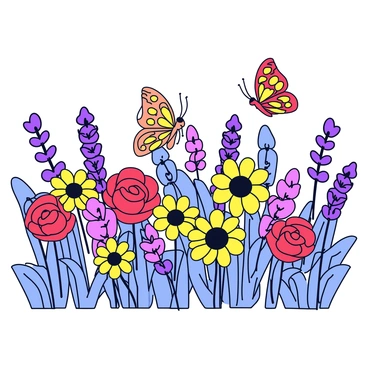 A vibrant flower garden filled with a variety of blooms in different colors, including red roses, yellow sunflowers, and purple lavender. The flowers are tall and lush, creating a dense arrangement throughout the garden. In the foreground, bright butterflies with intricate wing patterns flutter around, landing on the flowers. The scene is lively, showcasing the interaction between the blooms and the butterflies in a sunny atmosphere.