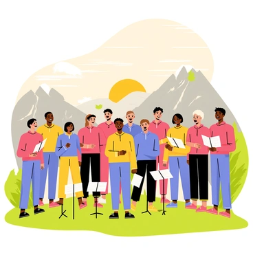 A choir of diverse singers standing in a semi-circle on a grassy hilltop. Each singer wears colorful outfits, with some in bright blue and others in vibrant red. The sun is rising in the background, casting warm orange and yellow hues across the sky. The mountains in the distance are tall and rugged, covered in patches of green trees and rocky cliffs. Wispy clouds are illuminated by the sunlight, creating a dynamic sky. The choir members have joyful expressions, their mouths open in song, as sheet music rests on stands in front of them.